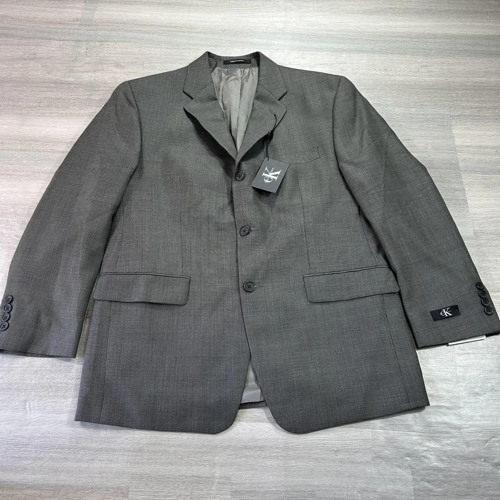 NEW Calvin Klein‎ Suit Jacket Mens 40 Short Gray Wool Check 3 Button Made Canada